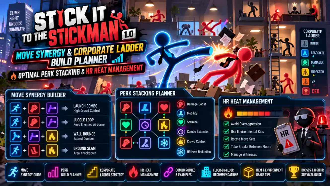 Stick It to the Stickman 1.0 Move Synergy & Corporate Ladder Build Planner: Optimal Perk Stacking & HR Heat Management